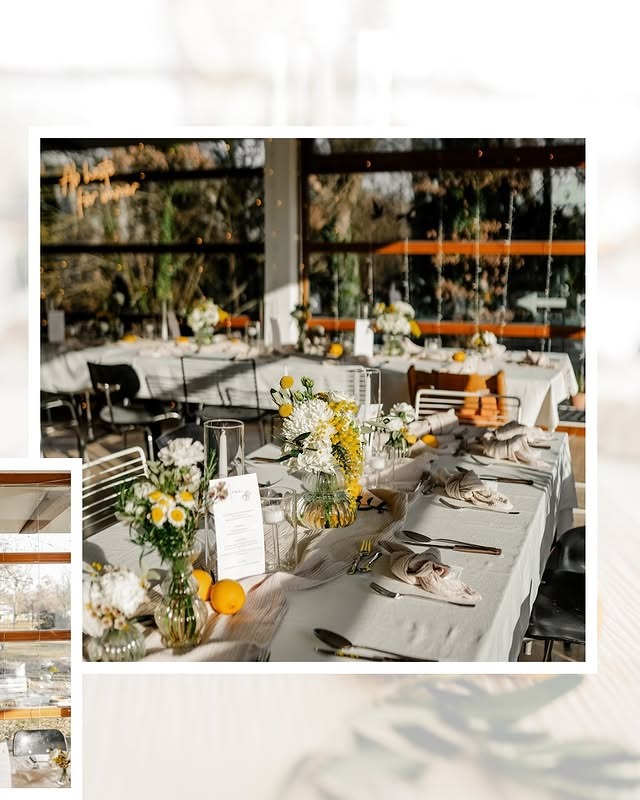 Festlich und hell gedeckte lange Tafel im modernen Innenraum der co:Lab Villa mit stilvollem Blumenschmuck und Zitronen-Akzenten